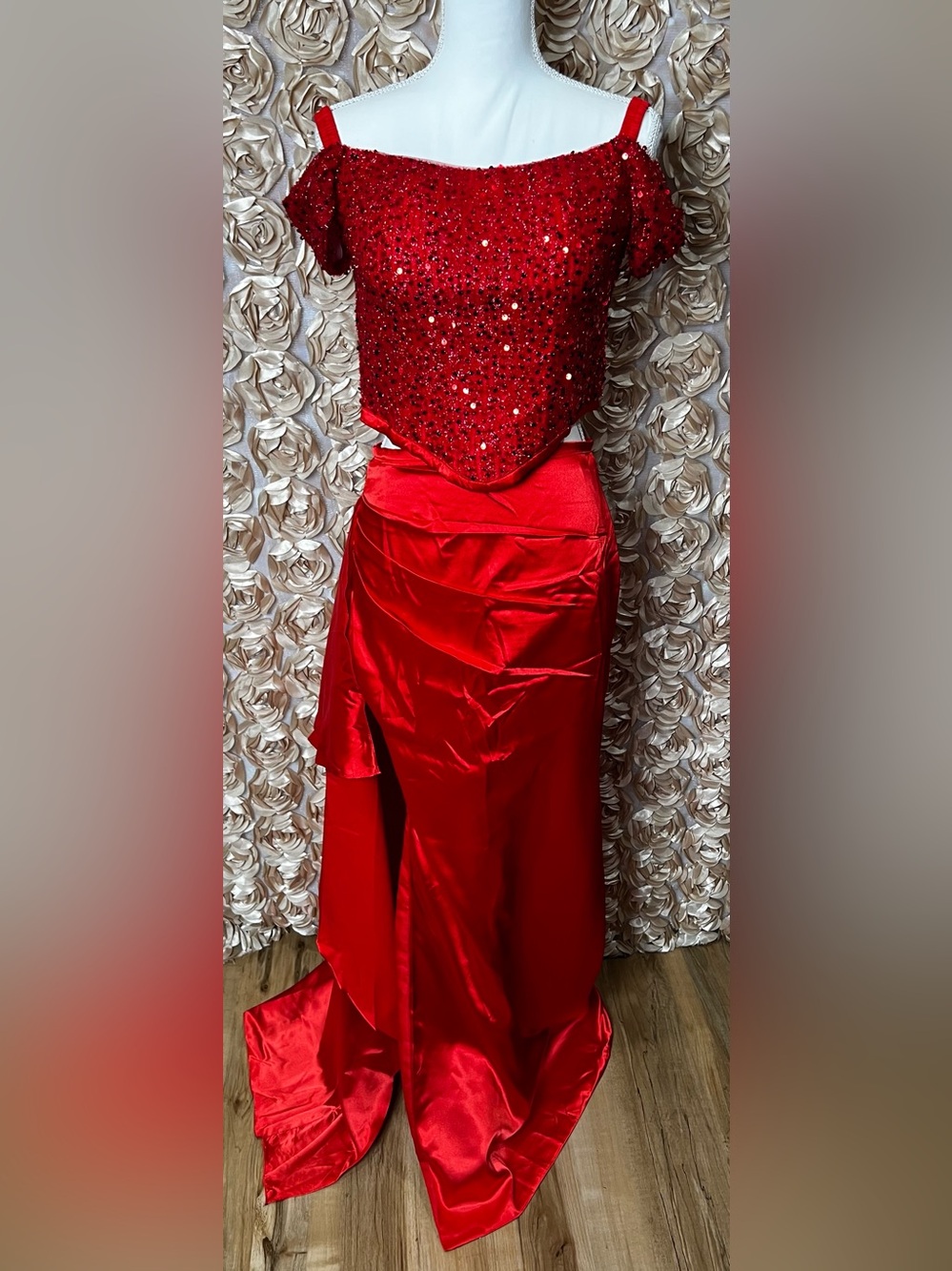 Red Sequin Two-Piece Evening Gown